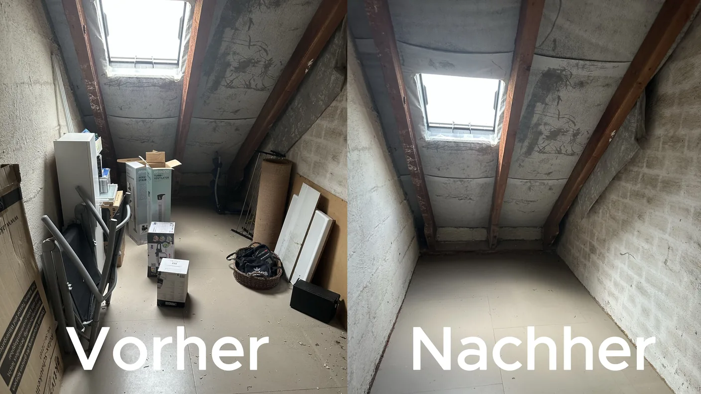 Dachboden unter Dachschräge vor und nach der Entrümpelung durch Platz Gewinn in Braunschweig