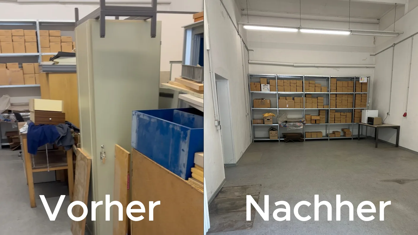 Gewerberaum mit Lagerregalen vor und nach der Räumung durch Platz Gewinn in Braunschweig