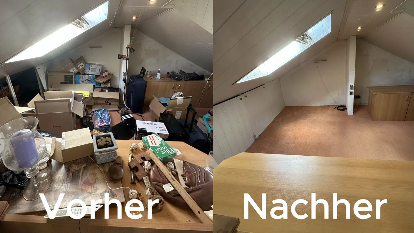 Dachgeschoss mit Hausrat vor und nach der Haushaltsauflösung durch Platz Gewinn in Braunschweig